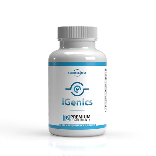 iGenics AREDS 2+ eye vitamins bottle — 12 premium ingredients, 60 capsules, Science Genics