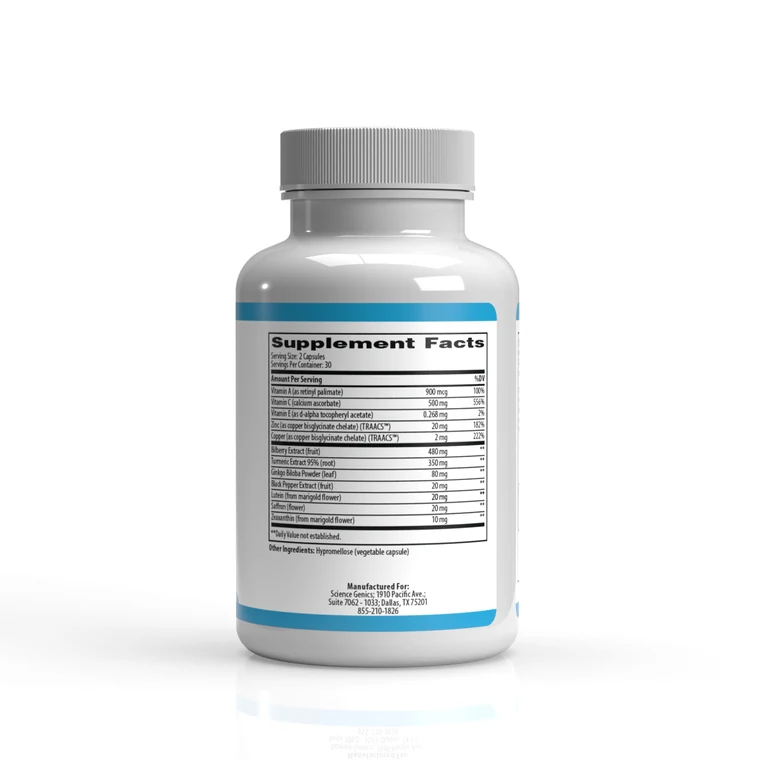 iGenics bottle Supplement Facts panel showing every ingredient amount including lutein 20mg and zeaxanthin 10mg